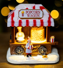 Christmas Musical Village Scene LED Decoration Home Decor Popcorn Wagon Light Up