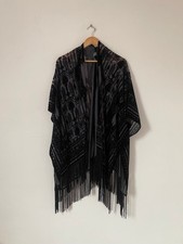 M&S Cardigan Poncho Cape One Size Black Velvet Tassle Sheer Gothic Steampunk