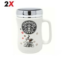 SET OF 2 STARBUCKS TRAVEL MUG CERAMIC COFFEE TEA CUP LID WORK HOT COLD DRINKS UK