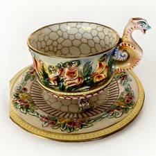 Unique Porcelain Nymph Cherub Dragon Handle Tea Cup Saucer Italy Capodimonte