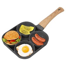 Egg Frying Pan with 4 Hole Multi Pancake Non-Stick Wooden Handle Poached Egg Pan