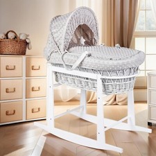 Luxury Moses Basket Padded Wicker Baby Full Set Rocking Stand White Handle/Grey