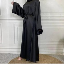 Womens Ladies Plain Satin Abaya With Pockets Belt Tie Sizes 50 52 54 56 and 58