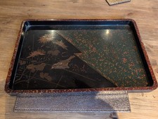 Vintage Japanese Wooden Laquersd Box Tray with Bird Design Hand Painted