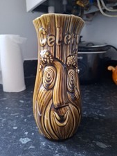 Mid Centry Face Celery Jar Sadler Style Mustard Colour Ceramic VGC 19cm Tall