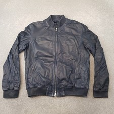 Armani Jeans Jacket Large 44 Black Leather Bomber Biker Coat Cafe Racer Moto AJ