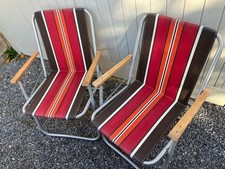 x2 Beautiful Striped Vintage / Retro Garden Chairs 60s / 70s wooden arm rests