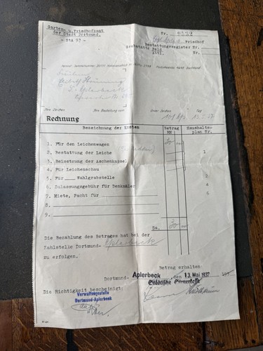 1937 german funeral invoice - 1937,