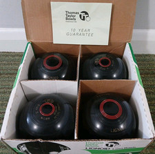 Good Boxed Set x 4 Thomas Taylor Black Lignoid Lawn Bowls Size 5