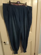 Thin Denim Style Blue 100% Cotton Trousers With Elastic Hems Size 26 - L29 - NEW