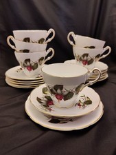 Vintage 1950's Regency Bone China FUSCHIA 18pcs Tea Set 6x Teacup Trios Saucers