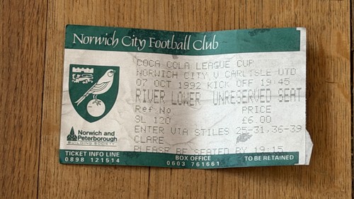 Ticket 1992 norwich city - 1992/93,