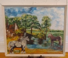 Vintage 1973 Oil Painting -HORSES BY POND- Signed C WOOD - OUTSIDER ART