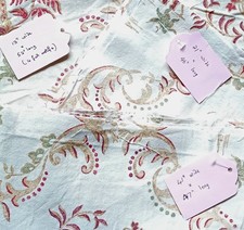 Three small Harlequin linen curtain fabric pieces, Kaladan pattern.