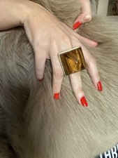 Statement Tigers Eye Cocktail Ring Huge Stone 3.5cm Gold Plated Kara S/M