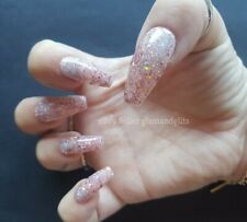 24 Painted Gel Press On False Nails Jelly Pink Glitter Coffin Stiletto Square