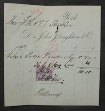 1892, Billhead, Qv, Overprint, York (John Deighton & Co ) North Yorkshire