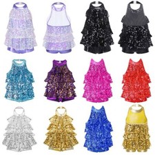 Girls Sequins Jazz Dance Costume Ballet Modern Halter Leotards Shiny Dresses