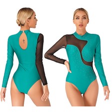 UK Womens Ballet Dance Leotard Shiny Rhinestone Mesh Longsleeve Gym Bodysuit Top
