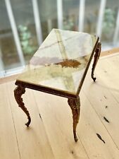 Mid-Century Italian Heavy Onyx Marble Side Table with Ornate Brass Frame & Legs