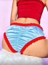 Blue Silky Satin Red Ruffle Lace Ruched Bum Panties CD Sissy Knickers XL 16-18