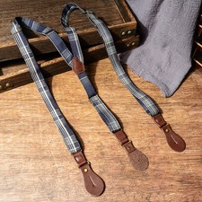 New Vintage Plaid Back Men's Braces Adult 3 Buttons Suspenders Non-Slip Leather