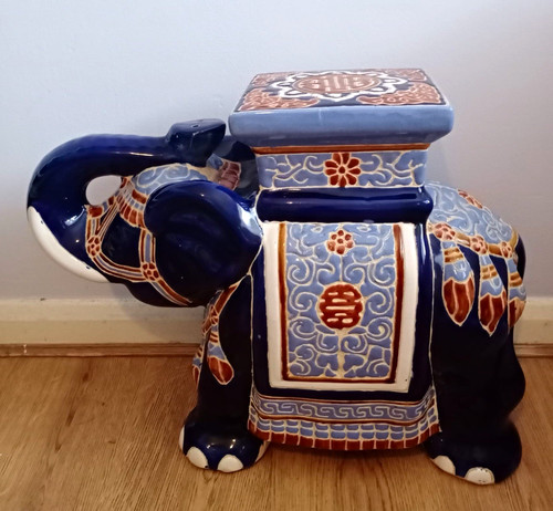Navy ceramic elephant - elephant, statue