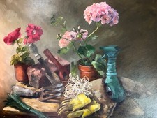 Large Vintage Oil Painting Potting Shed Interior/Still Life Signed