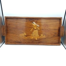 Vintage Rosewood? Wood Tray inlaid marquetry lady & goat Rectangle serving tray