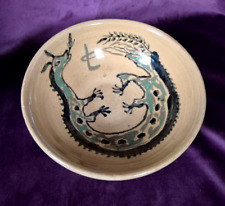 Vintage Handpainted Stoneware Dragon Bowl - Art Pottery