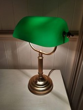 VINTAGE BRASS BANKER'S DESK / TABLE LAMP WITH GREEN GLASS SHADE SWITCH IN BASE