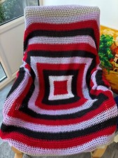 Vintage Handmade Crochet Blanket Throw Granny Square Black Red Pink 80" Camper