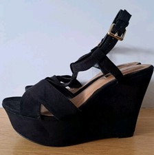 Zara Suede Leather Platform Wedge Sandals Size 5 Black T-Bar Open Toe BNWT