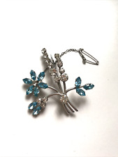 Vintage Brooch Turquoise Clear Flower Posy Bouquet 50s Retro Silver Tone Bridal