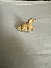 Miniature Glazed Ceramic Tan Dog Figurine Small Porcelain Puppy with Ribbed Base