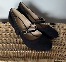 Women’s Size 6 WIDE FIT FIORE Black Strap Suede Heeled Shoes 1940s Style NEW.