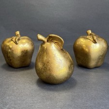 Set of 3 Ceramic Gold Gilded 2 Apples & 1 Pear Table Ornaments Fruit Decorations