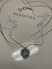 Used Pandora Sparkling Halo Hearts Necklace 50cm