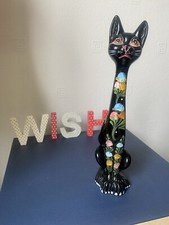 Vintage Black Cat Long Neck Large Figurine Ornament Lucky Mid Century Gift
