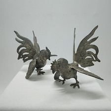 2 x Pewter Coloured Cast Metal Fighting Cockerels Ornaments - 6" x 3" x 4.5"
