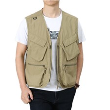 Gilet Waistcoat Vest Sleeveless Jacket Multi-Pocket Zip Tops Men V Neck Utility