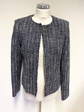 BRORA LINTON TWEED NAVY & WHITE COLLARLESS EDGE TO EDGE JACKET SIZE 10