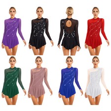 Women's Long Sleeve Ballet Dance Costume Shiny Rhinestone Figure Ice Skating UK