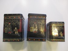 3 Vintage Oriental Tea Caddy Tins Black Gold Red Chinese mid 20th Century