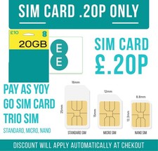 EE SIM CARD Pay As You Go PAYG Standard Micro Nano Size, New 2G 4G 5G ONLY 20P