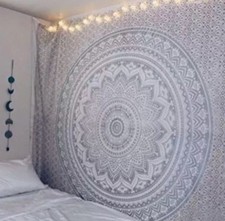 Indian Tapestry Wall Hanging Mandala Ombre Silver Boho Bed Sheet 210 x 215 CMS