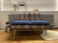 Two Seater Lounger Sofa In Printed Velvet with cushion seats and wooden legs