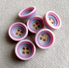 6 Unusual Ringed Buttons, Pink, Blue & Orange Ringed Concave 4 Hole, 11mm, Set