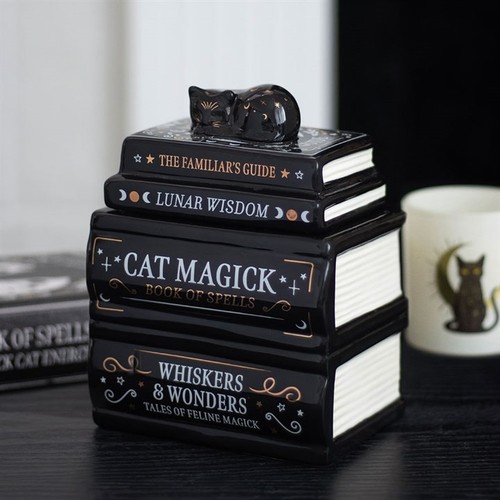 Ceramic black cat book stack - book,