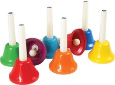 SET OF 8 COLOURED HAND BELLS BY ATLAS! Full Octave set, Colourful Ringing Bells!